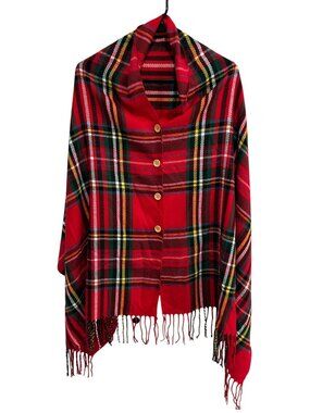 Top It Off Red Plaid Buttoned Poncho Shawl Wrap Fringe Acrylic Timeless Style